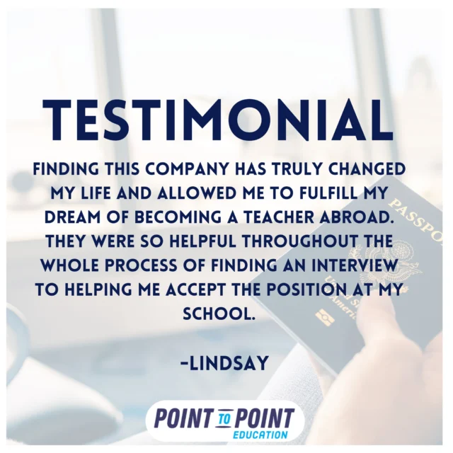 TESTIMONIAL TUESDAY 🌍✈️

Huge thank you to Lindsay for the lovely feedback! We’re so glad we could help her land an exciting teaching role abroad — it’s always a pleasure helping amazing educators start new adventures! 👩‍🏫💬

Here’s to your next chapter, Lindsay! 💛